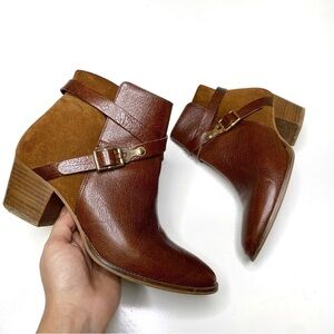 Jonak Leather Suede Buckle Ankle Booties Brown Stacked Heel EU 37